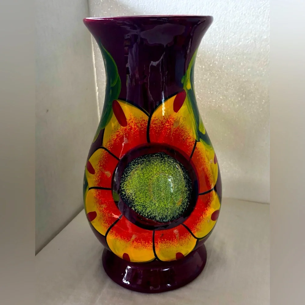 Mexican Folk Art Clay Pottery Vase Hand Painted Bright Flowers & Leaves